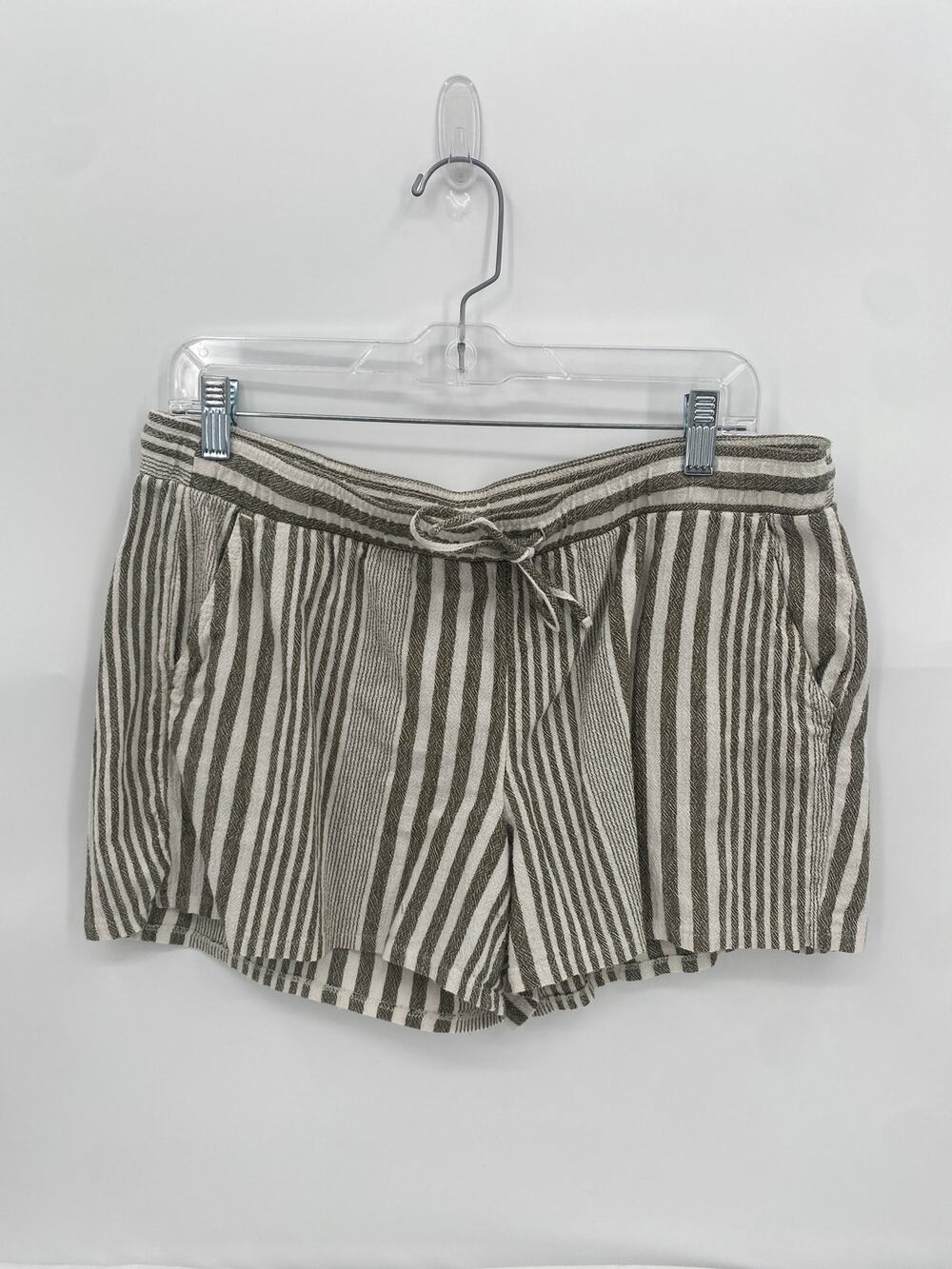 ana Green Cream Stripe Cotton Shorts Elastic Tie Waist Pockets size Large
